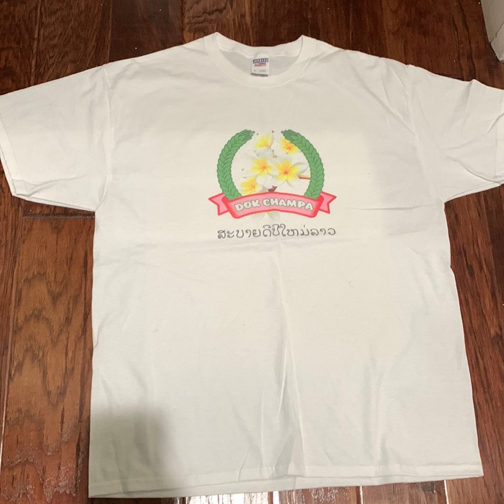 Dok champa flower tee.. sublimation on white tee.. size xl unisex